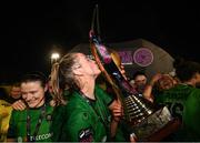 11 November 2023; Chloe Moloney of Peamount United celebrates with the SSE Airtricity Women's Premier Division trophy after the SSE Airtricity Women's Premier Division match between Peamount United and Sligo Rovers at PRL Park in Greenogue, Dublin. Photo by Stephen McCarthy/Sportsfile