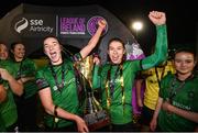 11 November 2023; Ellen Dolan and Jessica Fitzgerald, right, of Peamount United celebrate with the SSE Airtricity Women's Premier Division trophy after the SSE Airtricity Women's Premier Division match between Peamount United and Sligo Rovers at PRL Park in Greenogue, Dublin. Photo by Stephen McCarthy/Sportsfile