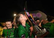 11 November 2023; Chloe Moloney of Peamount United celebrates with the SSE Airtricity Women's Premier Division trophy after the SSE Airtricity Women's Premier Division match between Peamount United and Sligo Rovers at PRL Park in Greenogue, Dublin. Photo by Stephen McCarthy/Sportsfile