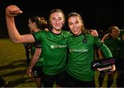 11 November 2023; Ellen Dolan, left, and Jessica Fitzgerald, right, of Peamount United celebrate after the SSE Airtricity Women's Premier Division match between Peamount United and Sligo Rovers at PRL Park in Greenogue, Dublin. Photo by Stephen McCarthy/Sportsfile