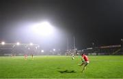 11 November 2023; Lee Brennan of Trillick kicks a free during the AIB Ulster GAA Football Senior Club Championship quarter-final match between Trillick of Tyrone and Crossmaglen Rangers of Armagh at O'Neills Healy Park in Omagh, Tyrone. Photo by Ramsey Cardy/Sportsfile