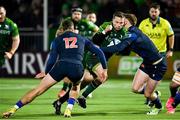 11 November 2023; Jack Carty of Connacht in action against Ben Healy and James Lang of Edinburgh during the United Rugby Championship match between Edinburgh and Connacht at The Dam Health Stadium in Edinburgh, Scotland. Photo by Paul Devlin/Sportsfile