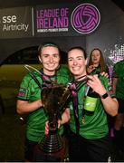 11 November 2023; Dearbhaile Beirne, left, and Lucy McCartan of Peamount United celebrate with the SSE Airtricity Women's Premier Division trophy after the SSE Airtricity Women's Premier Division match between Peamount United and Sligo Rovers at PRL Park in Greenogue, Dublin. Photo by Stephen McCarthy/Sportsfile