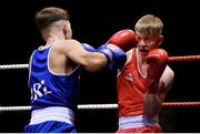 11 November 2023; Oisin Worsencroft of St Colmans Boxing Club, Cork, right, and Danny Duffy of Raphoe Boxing Club, Donegal, during their bantamweight 54kg final bout at the IABA National Elite Boxing Championships 2024 Finals at the National Boxing Stadium in Dublin. Photo by Seb Daly/Sportsfile