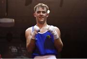 11 November 2023; Danny Duffy of Raphoe Boxing Club, Donegal, celebrates victory over Oisin Worsencroft of St Colmans Boxing Club, Cork, after their bantamweight 54kg final bout at the IABA National Elite Boxing Championships 2024 Finals at the National Boxing Stadium in Dublin. Photo by Seb Daly/Sportsfile