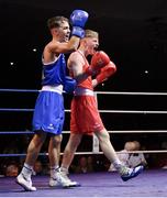 11 November 2023; Oisin Worsencroft of St Colmans Boxing Club, Cork, right, and Danny Duffy of Raphoe Boxing Club, Donegal, react to the final bell of their bantamweight 54kg final bout at the IABA National Elite Boxing Championships 2024 Finals at the National Boxing Stadium in Dublin. Photo by Seb Daly/Sportsfile
