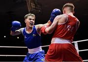 11 November 2023; Oisin Worsencroft of St Colmans Boxing Club, Cork, right, and Danny Duffy of Raphoe Boxing Club, Donegal, during their bantamweight 54kg final bout at the IABA National Elite Boxing Championships 2024 Finals at the National Boxing Stadium in Dublin. Photo by Seb Daly/Sportsfile