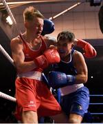 11 November 2023; Oisin Worsencroft of St Colmans Boxing Club, Cork, left, and Danny Duffy of Raphoe Boxing Club, Donegal, during their bantamweight 54kg final bout at the IABA National Elite Boxing Championships 2024 Finals at the National Boxing Stadium in Dublin. Photo by Seb Daly/Sportsfile