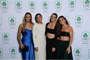11 November 2023; Ireland women's rugby 7's players , from left, Stacey Flood, Aimee Leigh Murphy Crowe, Kate Farrell McCabe and Emily Lane in attendance at the Team Ireland Olympic Ball at the Mansion House in Dublin. The event was a joint celebration of the brilliant performances of Team Ireland athletes at the European Games this summer, as well as the announcement of the winners of the Olympic Federation of Ireland Annual Awards. The event was attended by the Minister for Tourism, Culture, Arts, Gaeltacht, Sport and Media, Catherine Martin TD, Minister of State for Sport and Physical Education, Thomas Byrne TD, Olympic medallists, European Games athletes, Team Ireland Sponsors and Partners, Sport Ireland and the wider Olympic family. Photo by David Fitzgerald/Sportsfile