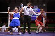 11 November 2023; Danny Duffy of Raphoe Boxing Club, Donegal, left, celebrates as he is declared victorious over Oisin Worsencroft of St Colmans Boxing Club, Cork, after their bantamweight 54kg final bout at the IABA National Elite Boxing Championships 2024 Finals at the National Boxing Stadium in Dublin. Photo by Seb Daly/Sportsfile