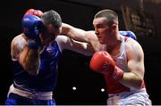 11 November 2023; Jack Marley of Monkstown Boxing Club, Dublin, right, and Wayne Rafferty of Dublin Docklands Boxing Club, Dublin, during their heavyweight 92kg final bout at the IABA National Elite Boxing Championships 2024 Finals at the National Boxing Stadium in Dublin. Photo by Seb Daly/Sportsfile