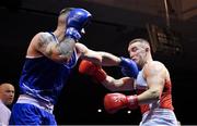 11 November 2023; Jack Marley of Monkstown Boxing Club, Dublin, right, and Wayne Rafferty of Dublin Docklands Boxing Club, Dublin, during their heavyweight 92kg final bout at the IABA National Elite Boxing Championships 2024 Finals at the National Boxing Stadium in Dublin. Photo by Seb Daly/Sportsfile