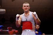 11 November 2023; Jack Marley of Monkstown Boxing Club, Dublin, celebrates victory over Wayne Rafferty of Dublin Docklands Boxing Club, Dublin, after their heavyweight 92kg final bout at the IABA National Elite Boxing Championships 2024 Finals at the National Boxing Stadium in Dublin. Photo by Seb Daly/Sportsfile