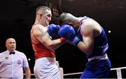 11 November 2023; Jack Marley of Monkstown Boxing Club, Dublin, left, and Wayne Rafferty of Dublin Docklands Boxing Club, Dublin, during their heavyweight 92kg final bout at the IABA National Elite Boxing Championships 2024 Finals at the National Boxing Stadium in Dublin. Photo by Seb Daly/Sportsfile