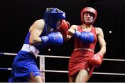 11 November 2023; Kellie McLoughlin of St Catherine's Boxing Club, Dublin, right, and Michaela Walsh of Holy Family Golden Gloves Boxing Club, Belfast, during their featherweight 57kg final bout at the IABA National Elite Boxing Championships 2024 Finals at the National Boxing Stadium in Dublin. Photo by Seb Daly/Sportsfile