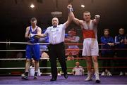 11 November 2023; Jack Marley of Monkstown Boxing Club, Dublin, is declared victorious over Wayne Rafferty of Dublin Docklands Boxing Club, Dublin, after their heavyweight 92kg final bout at the IABA National Elite Boxing Championships 2024 Finals at the National Boxing Stadium in Dublin. Photo by Seb Daly/Sportsfile