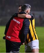 11 November 2023; Matthew Donnelly of Trillick and Aaron Kernan of Crossmaglen Rangers after the AIB Ulster GAA Football Senior Club Championship quarter-final match between Trillick of Tyrone and Crossmaglen Rangers of Armagh at O'Neills Healy Park in Omagh, Tyrone. Photo by Ramsey Cardy/Sportsfile