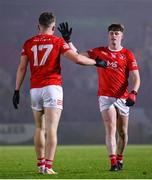 11 November 2023; Darragh McQuaid, right, and Colm Garrity of Trillick after the AIB Ulster GAA Football Senior Club Championship quarter-final match between Trillick of Tyrone and Crossmaglen Rangers of Armagh at O'Neills Healy Park in Omagh, Tyrone. Photo by Ramsey Cardy/Sportsfile