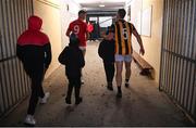 11 November 2023; Liam Gray of Trillick and Aaron Kernan of Crossmaglen Rangers leave the pitch after the AIB Ulster GAA Football Senior Club Championship quarter-final match between Trillick of Tyrone and Crossmaglen Rangers of Armagh at O'Neills Healy Park in Omagh, Tyrone. Photo by Ramsey Cardy/Sportsfile