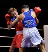 11 November 2023; Ricky Nesbitt of Holy Family Drogheda Boxing Club, Louth, left, and Sean Mari of Monkstown, Dublin, and Defence Forces Boxing Clubs, during their flyweight 51kg final bout at the IABA National Elite Boxing Championships 2024 Finals at the National Boxing Stadium in Dublin. Photo by Seb Daly/Sportsfile