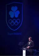 11 November 2023; Olympic Federation of Ireland chief executive Peter Sherrard speaking during the Team Ireland Olympic Ball at the Mansion House in Dublin. The event was a joint celebration of the brilliant performances of Team Ireland athletes at the European Games this summer, as well as the announcement of the winners of the Olympic Federation of Ireland Annual Awards. The event was attended by the Minister for Tourism, Culture, Arts, Gaeltacht, Sport and Media, Catherine Martin TD, Minister of State for Sport and Physical Education, Thomas Byrne TD, Olympic medallists, European Games athletes, Team Ireland Sponsors and Partners, Sport Ireland and the wider Olympic family. Photo by Brendan Moran/Sportsfile