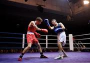 11 November 2023; Ricky Nesbitt of Holy Family Drogheda Boxing Club, Louth, left, and Sean Mari of Monkstown, Dublin, and Defence Forces Boxing Clubs, during their flyweight 51kg final bout at the IABA National Elite Boxing Championships 2024 Finals at the National Boxing Stadium in Dublin. Photo by Seb Daly/Sportsfile