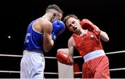 11 November 2023; Ricky Nesbitt of Holy Family Drogheda Boxing Club, Louth, right, and Sean Mari of Monkstown, Dublin, and Defence Forces Boxing Clubs, during their flyweight 51kg final bout at the IABA National Elite Boxing Championships 2024 Finals at the National Boxing Stadium in Dublin. Photo by Seb Daly/Sportsfile