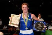 11 November 2023; Grainne Walsh of St Mary’s Boxing Club, Dublin, celebrates victory over Christina Desmond of Dungarvan and Garda Boxing Clubs, after their welterweight 66kg final bout at the IABA National Elite Boxing Championships 2024 Finals at the National Boxing Stadium in Dublin. Photo by Seb Daly/Sportsfile