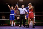 11 November 2023; Grainne Walsh of St Mary’s Boxing Club, Dublin, is declared victorious over Christina Desmond of Dungarvan and Garda Boxing Clubs, after their welterweight 66kg final bout at the IABA National Elite Boxing Championships 2024 Finals at the National Boxing Stadium in Dublin. Photo by Seb Daly/Sportsfile