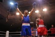 11 November 2023; Kelyn Cassidy of Saviours Crystal Boxing Club, Waterford, celebrates victory over Gabriel Dossen of Olympic Boxing Club, Galway, after their light heavyweight 80kg final bout at the IABA National Elite Boxing Championships 2024 Finals at the National Boxing Stadium in Dublin. Photo by Seb Daly/Sportsfile