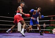 11 November 2023; Gabriel Dossen of Olympic Boxing Club, Galway, left, and Kelyn Cassidy of Saviours Crystal Boxing Club, Waterford, during their light heavyweight 80kg final bout at the IABA National Elite Boxing Championships 2024 Finals at the National Boxing Stadium in Dublin. Photo by Seb Daly/Sportsfile
