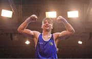11 November 2023; Aaron O’Donoghue of Golden Gloves Boxing Club, Cork, celebrates victory over John Paul Hale of Star ABC, Belfast, after their light welterweight 63.5kg final bout at the IABA National Elite Boxing Championships 2024 Finals at the National Boxing Stadium in Dublin. Photo by Seb Daly/Sportsfile