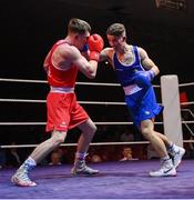 11 November 2023; John Paul Hale of Star ABC, Belfast, left, and Aaron O’Donoghue of Golden Gloves Boxing Club, Cork, during their light welterweight 63.5kg final bout at the IABA National Elite Boxing Championships 2024 Finals at the National Boxing Stadium in Dublin. Photo by Seb Daly/Sportsfile