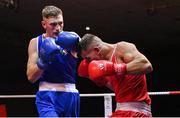 11 November 2023; Vitali Ustimov of Celtic Eagles Boxing Club, Galway, right, and James Redmond of Ballybrack Boxing Club, Dublin, during their cruiserweight 86kg final bout at the IABA National Elite Boxing Championships 2024 Finals at the National Boxing Stadium in Dublin. Photo by Seb Daly/Sportsfile