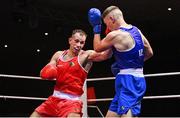 11 November 2023; Vitali Ustimov of Celtic Eagles Boxing Club, Galway, left, and James Redmond of Ballybrack Boxing Club, Dublin, during their cruiserweight 86kg final bout at the IABA National Elite Boxing Championships 2024 Finals at the National Boxing Stadium in Dublin. Photo by Seb Daly/Sportsfile