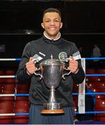11 November 2023; Kelyn Cassidy of Saviours Crystal Boxing Club, Waterford, with the Best Boxer award at the IABA National Elite Boxing Championships 2024 Finals at the National Boxing Stadium in Dublin. Photo by Seb Daly/Sportsfile