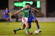 10 November 2023; Cian Coleman of Cork City in action against Romeo Akachukwu of Waterford during the SSE Airtricity Men's Premier Division Promotion / Relegation play-off match between Waterford and Cork City at Tallaght Stadium in Dublin. Photo by Stephen McCarthy/Sportsfile