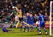 10 November 2023; Waterford goalkeeper Sam Sargent in action against Joshua Honohan of Cork City during the SSE Airtricity Men's Premier Division Promotion / Relegation play-off match between Waterford and Cork City at Tallaght Stadium in Dublin. Photo by Stephen McCarthy/Sportsfile