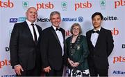11 November 2023; Olympian Nhat Nguyen, right, with Badminton Ireland executive members, from left, chief executive Enda Lynch, chairperson Michael Watt and president Catherine Smyth at the Team Ireland Olympic Ball at the Mansion House in Dublin. The event was a joint celebration of the brilliant performances of Team Ireland athletes at the European Games this summer, as well as the announcement of the winners of the Olympic Federation of Ireland Annual Awards. The event was attended by the Minister for Tourism, Culture, Arts, Gaeltacht, Sport and Media, Catherine Martin TD, Minister of State for Sport and Physical Education, Thomas Byrne TD, Olympic medallists, European Games athletes, Team Ireland Sponsors and Partners, Sport Ireland and the wider Olympic family. Photo by Brendan Moran/Sportsfile