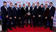 11 November 2023; The men's rugby 7s team, from left, Bryan Mollen, Niall Comerford, Dylan O'Grady, Mark Roche, Jordan Conroy, Harry McNulty, Terry Kennedy, Zac Ward, Sean Cribbin, Billy Dardis and Jack Kelly with theirr PTSB Team of the Year award at the Team Ireland Olympic Ball at the Mansion House in Dublin. The event was a joint celebration of the brilliant performances of Team Ireland athletes at the European Games this summer, as well as the announcement of the winners of the Olympic Federation of Ireland Annual Awards. The event was attended by the Minister for Tourism, Culture, Arts, Gaeltacht, Sport and Media, Catherine Martin TD, Minister of State for Sport and Physical Education, Thomas Byrne TD, Olympic medallists, European Games athletes, Team Ireland Sponsors and Partners, Sport Ireland and the wider Olympic family. Photo by Brendan Moran/Sportsfile