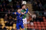 10 November 2023; Cian Murphy of Cork City in action against Dean McMenamy of Waterford during the SSE Airtricity Men's Premier Division Promotion / Relegation play-off match between Waterford and Cork City at Tallaght Stadium in Dublin. Photo by Stephen McCarthy/Sportsfile