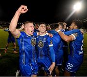 10 November 2023; Niall O’Keeffe, left, and Dean McMenamy of Waterford celebrate after the SSE Airtricity Men's Premier Division Promotion / Relegation play-off match between Waterford and Cork City at Tallaght Stadium in Dublin. Photo by Stephen McCarthy/Sportsfile