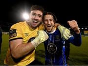 10 November 2023; Waterford goalkeeper Sam Sargent and Cameron Cresswell celebrate after the SSE Airtricity Men's Premier Division Promotion / Relegation play-off match between Waterford and Cork City at Tallaght Stadium in Dublin. Photo by Stephen McCarthy/Sportsfile
