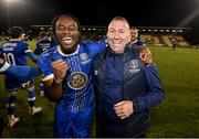 10 November 2023; Waterford assistant head coach Alan Reynolds and Christie Pattisson celebrate after the SSE Airtricity Men's Premier Division Promotion / Relegation play-off match between Waterford and Cork City at Tallaght Stadium in Dublin. Photo by Stephen McCarthy/Sportsfile