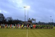 11 November 2023; Players and officials shake hands before the SSE Airtricity Women's Premier Division match between Peamount United and Sligo Rovers at PRL Park in Greenogue, Dublin. Photo by Stephen McCarthy/Sportsfile