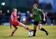 11 November 2023; Dearbhaile Beirne of Peamount United is tackled by Casey Howe of Sligo Rovers during the SSE Airtricity Women's Premier Division match between Peamount United and Sligo Rovers at PRL Park in Greenogue, Dublin. Photo by Stephen McCarthy/Sportsfile