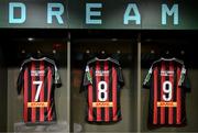 12 November 2023; The jerseys of, from left, Declan McDaid, Ali Coote and Jonathan Afolabi are seen in the Bohemians dressing room before the Sports Direct FAI Cup Final between Bohemians and St Patrick's Athletic at the Aviva Stadium in Dublin. Photo by Stephen McCarthy/Sportsfile