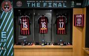 12 November 2023; The jerseys of, from left, James Clarke, Keith Buckley and Adam McDonnell are seen in the Bohemians dressing room before the Sports Direct FAI Cup Final between Bohemians and St Patrick's Athletic at the Aviva Stadium in Dublin. Photo by Stephen McCarthy/Sportsfile