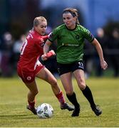 11 November 2023; Dearbhaile Beirne of Peamount United is tackled by Casey Howe of Sligo Rovers during the SSE Airtricity Women's Premier Division match between Peamount United and Sligo Rovers at PRL Park in Greenogue, Dublin. Photo by Stephen McCarthy/Sportsfile