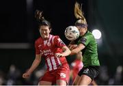 11 November 2023; Lauren Boles of Sligo Rovers in action against Erin McLoughlin of Peamount United during the SSE Airtricity Women's Premier Division match between Peamount United and Sligo Rovers at PRL Park in Greenogue, Dublin. Photo by Stephen McCarthy/Sportsfile